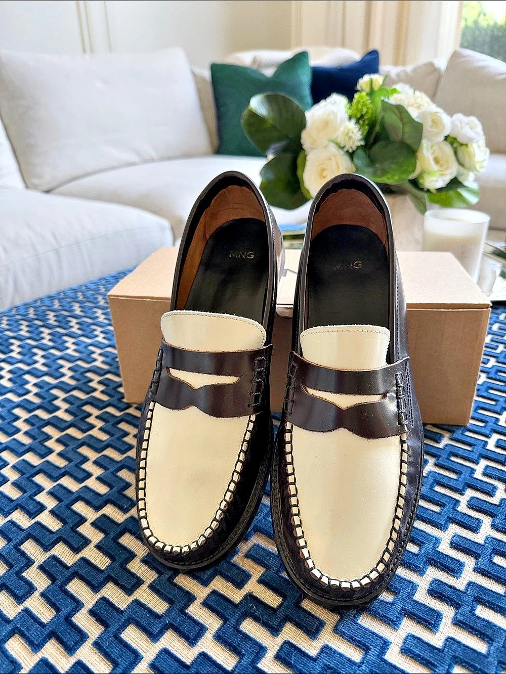 Mango MNG Color Block Penny Loafers Chestnut & Cream Like New